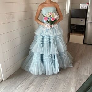 Sherri Hill Strapless Light Blue Tiered Gown
